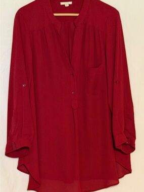 Pleione Women’s Vibrant Red Split V-Neck Roll-Tab Sleeve Tunic Blouse Size 1X
